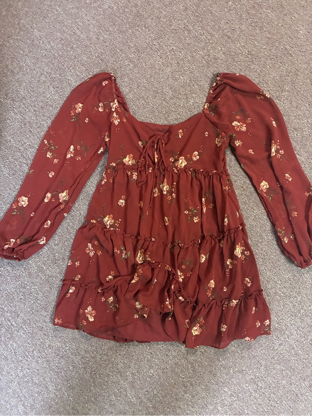 Forever 21 Rust Floral Tiered Dress with Puff Sleeves